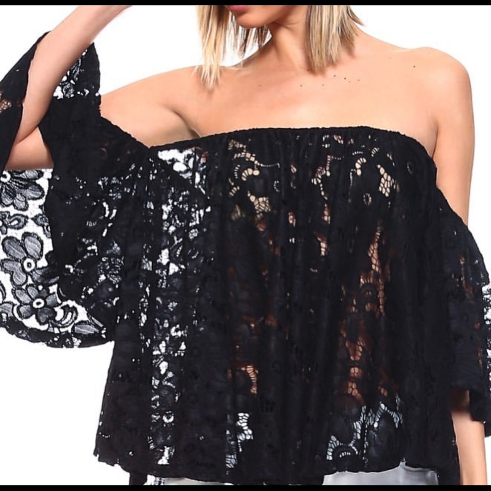 Off the shoulder black lace blouse.